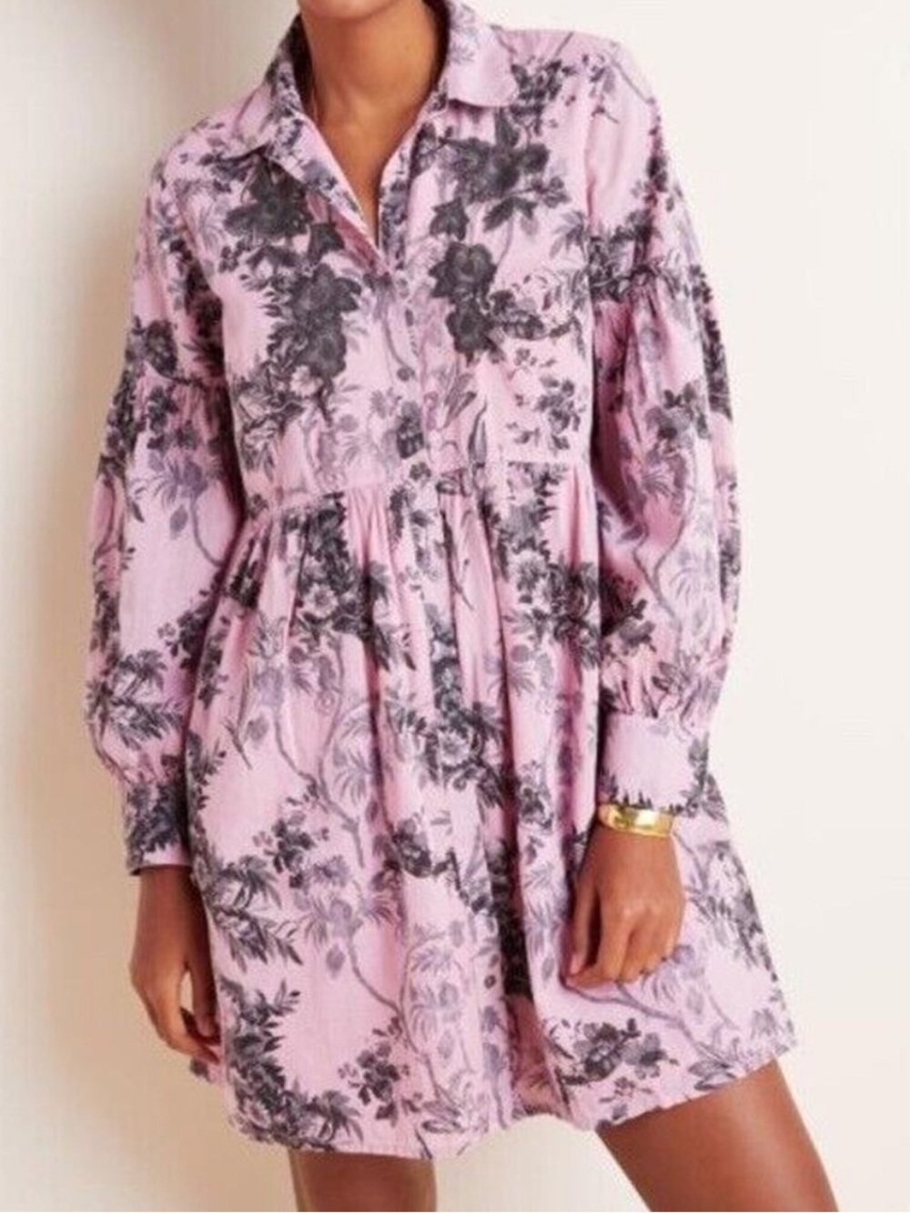 ANTHROPOLOGIE Lavinia Embroidered Button Shirt Dress Pink Black Floral US 4 $168